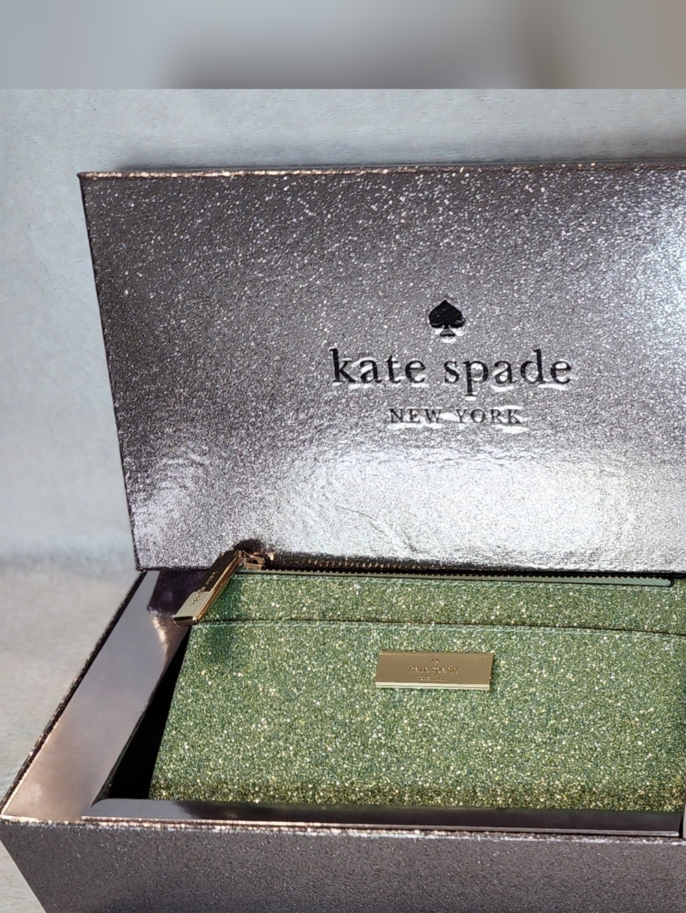 Kate Spade Kenzie Glitter Mixed Materials Zip Wallet Seawater Green NWT NIB